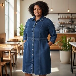 Ann Taylor Classic Dark Denim Button Front Dress Long Sleeve w/ Pockets Size 16